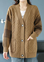 Plus Size Camel V Neck Pockets Button Patchwork Knit Cardigan Fall