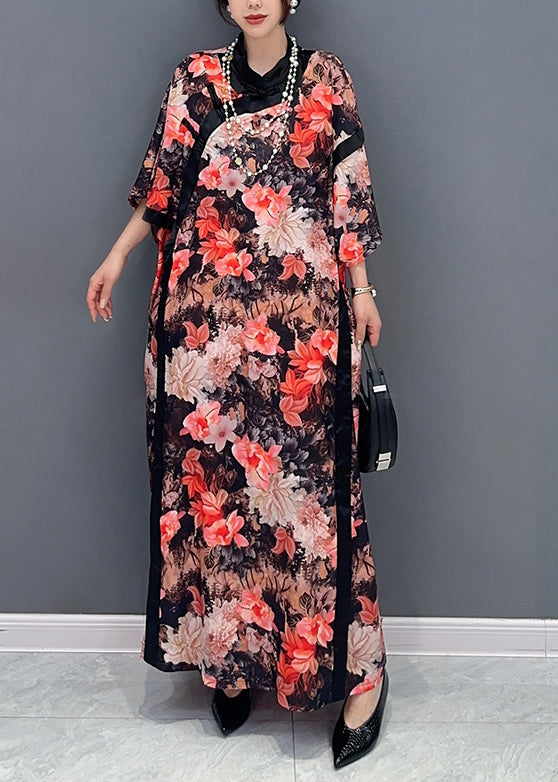 Plus Size Chinese Style Red Stand Collar Print Chiffon Dresses Fall