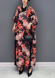 Plus Size Chinese Style Red Stand Collar Print Chiffon Dresses Fall