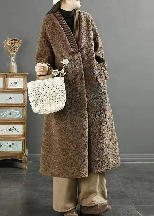 Plus Size Chocolate Embroidered Chinese Button Faux Fur Coats Winter