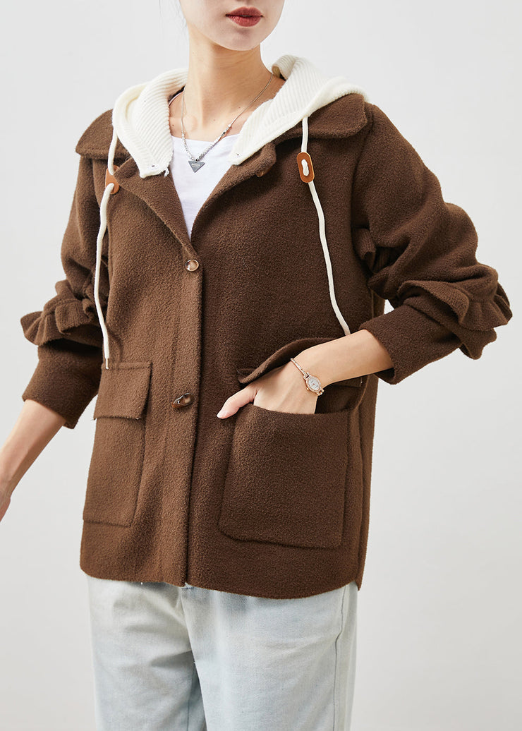 Plus Size Chocolate Ruffled Patchwork Woolen Coat Spring