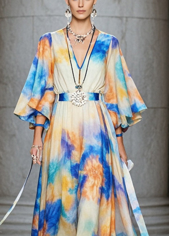 Plus Size Cinched Tie Dye Chiffon Maxi Dresses Flare Sleeve