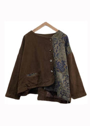 Plus Size Coffee Asymmetrical Patchwork Corduroy Tops Fall