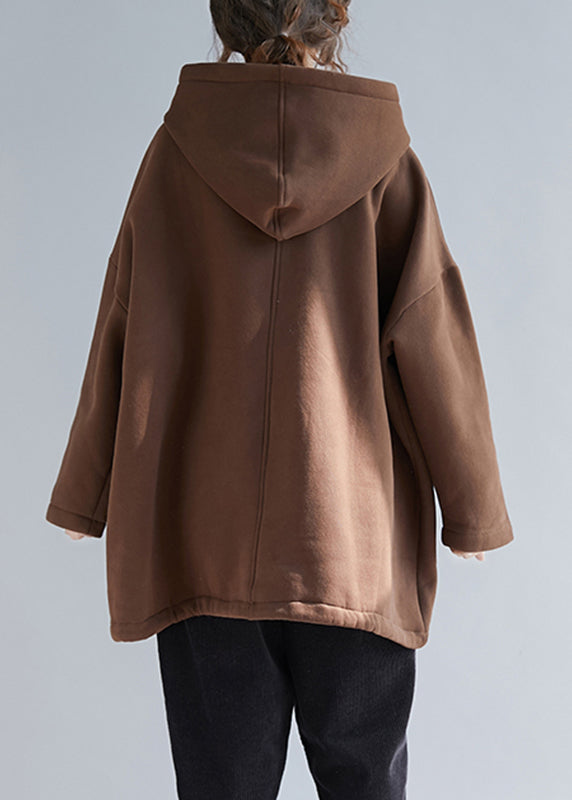 Plus Size Chocolate Colour Pockets Drawstring Cotton Hooded Pullover Long Sleeve