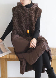 Plus Size Chocolate Colour Zippered Pockets Woolen Cotton Hooded Waistcoat Sleeveless