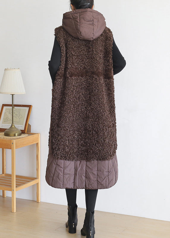 Plus Size Chocolate Colour Zippered Pockets Woolen Cotton Hooded Waistcoat Sleeveless