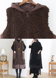 Plus Size Chocolate Colour Zippered Pockets Woolen Cotton Hooded Waistcoat Sleeveless