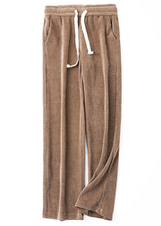 Plus Size Chocolate Elastic Waist Solid Color Corduroy Straight Pants Winter