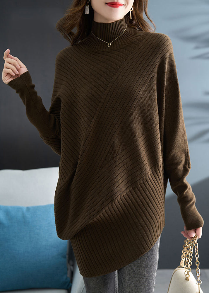 Plus Size Coffee Half Hign Neck Knit Sweaters Batwing Sleeve