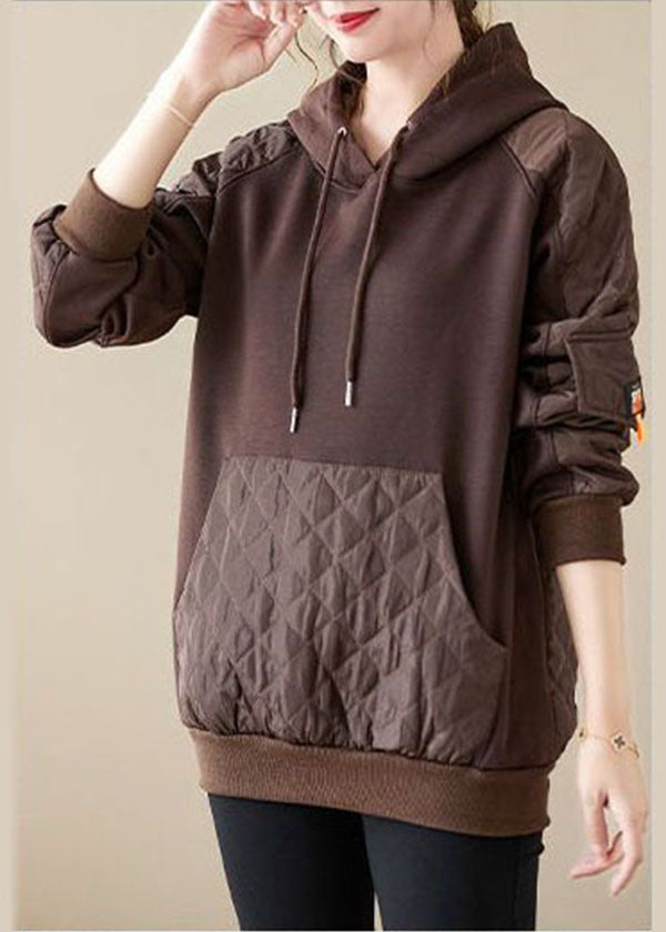 Plus Size Chocolate Hooded Patchwork Warm Fleece Pullover Streetwear Winter