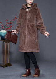 Plus Size Coffee Hooded Warm Mink Velvet Coat Outwear Winter