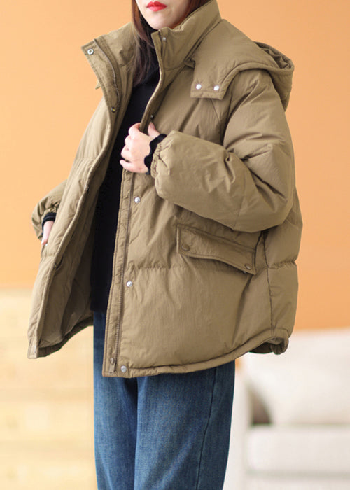 Plus Size Coffee Hooded Zippered Pockets Cotton Filled Parka Winter