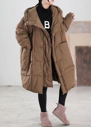 Plus Size Coffee Hooded Zippered Pockets Duck Down Coat Long Sleeve