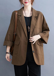 Plus Size Coffee Notched Button Pockets Cotton Coats Fall