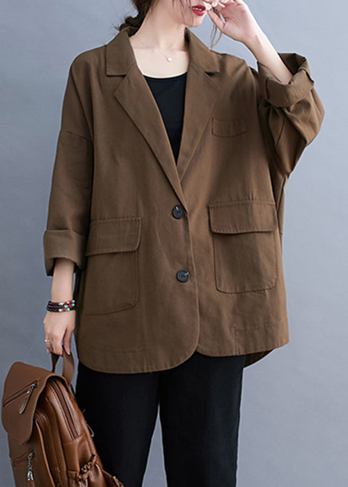 Plus Size Coffee Notched Button Pockets Cotton Coats Fall