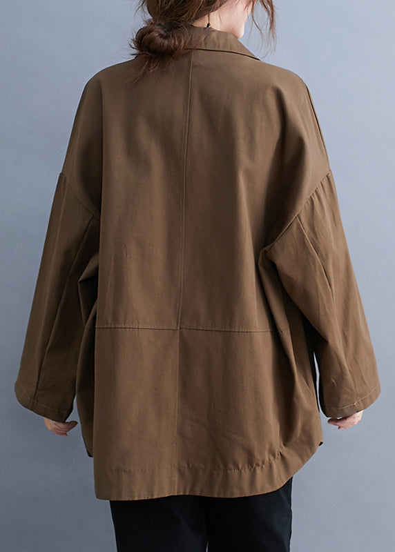 Plus Size Coffee Notched Button Pockets Cotton Coats Fall