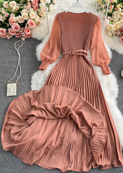 Plus Size Chocolate O-Neck Chiffon Sashes Long Pleated Dress Long Sleeve