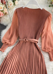 Plus Size Chocolate O-Neck Chiffon Sashes Long Pleated Dress Long Sleeve