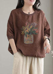 Plus Size Chocolate O-Neck Oversized Print Linen Tanks Short Sleeve