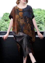 Plus Size Coffee O Neck Print Side Open Patchwork Silk Dresses Summer