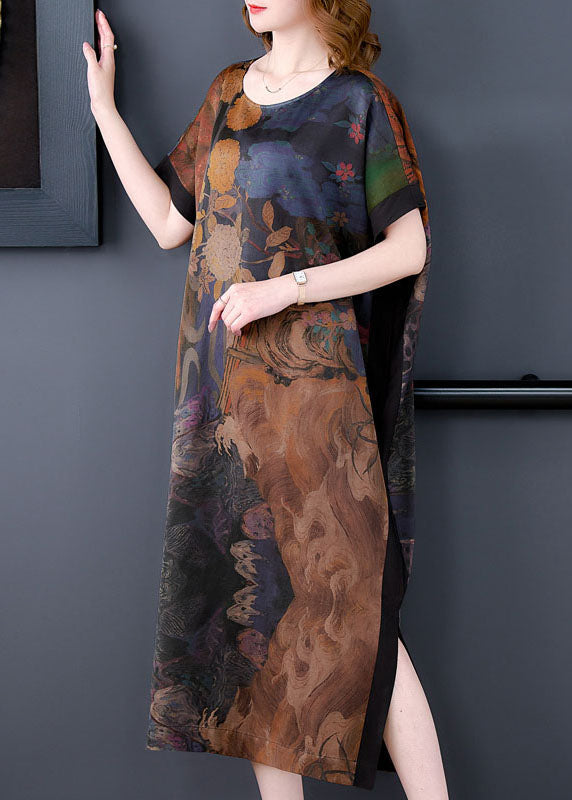 Plus Size Coffee O Neck Print Side Open Patchwork Silk Dresses Summer