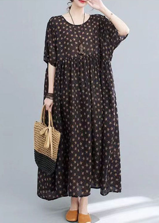 Plus Size Coffee O Neck Print Wrinkled Patchwork Cotton Long Dresses Summer