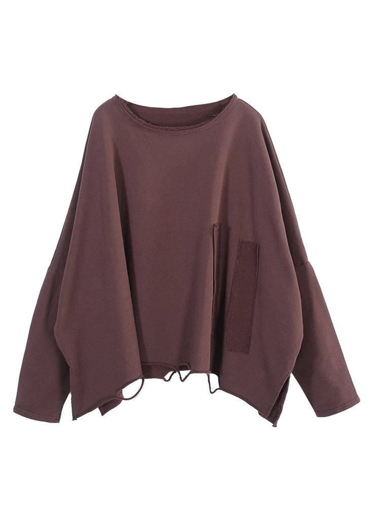 Plus Size Chocolate O-Neck Side Open Sweatshirt Fall