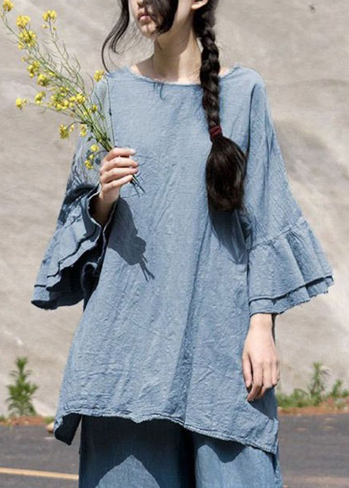 Plus Size Coffee O Neck Solid Linen Top Butterfly Sleeve