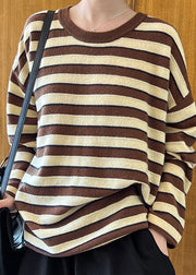 Plus Size Coffee O-Neck Striped Woolen Top Long Sleeve