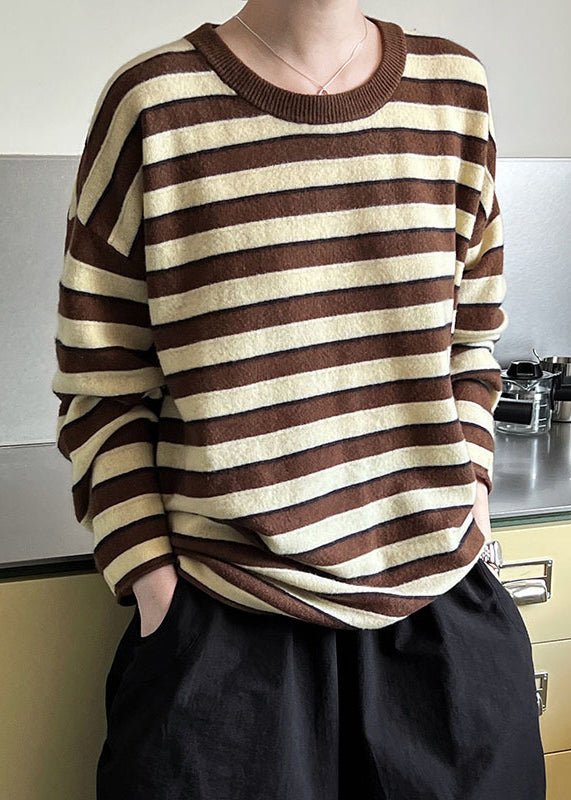 Plus Size Coffee O-Neck Striped Woolen Top Long Sleeve