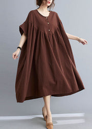 Plus Size Coffee O Neck Wrinkled Patchwork Cotton Long Dresses Short Sleeve