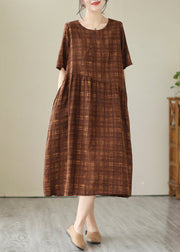 Plus Size Coffee Oversized Plaid Linen Holiday Dress Summer