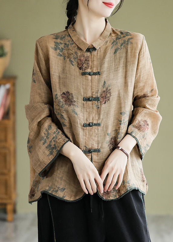 Plus Size Coffee Peter Pan Collar Print Button Shirt Fall