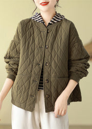 Plus Size Olive Pockets Button Patchwork Fine Cotton Filled Jacket Winter