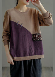 Plus Size Chocolate Purple O-Neck Patchwork Knit Sweater Top Long Sleeve