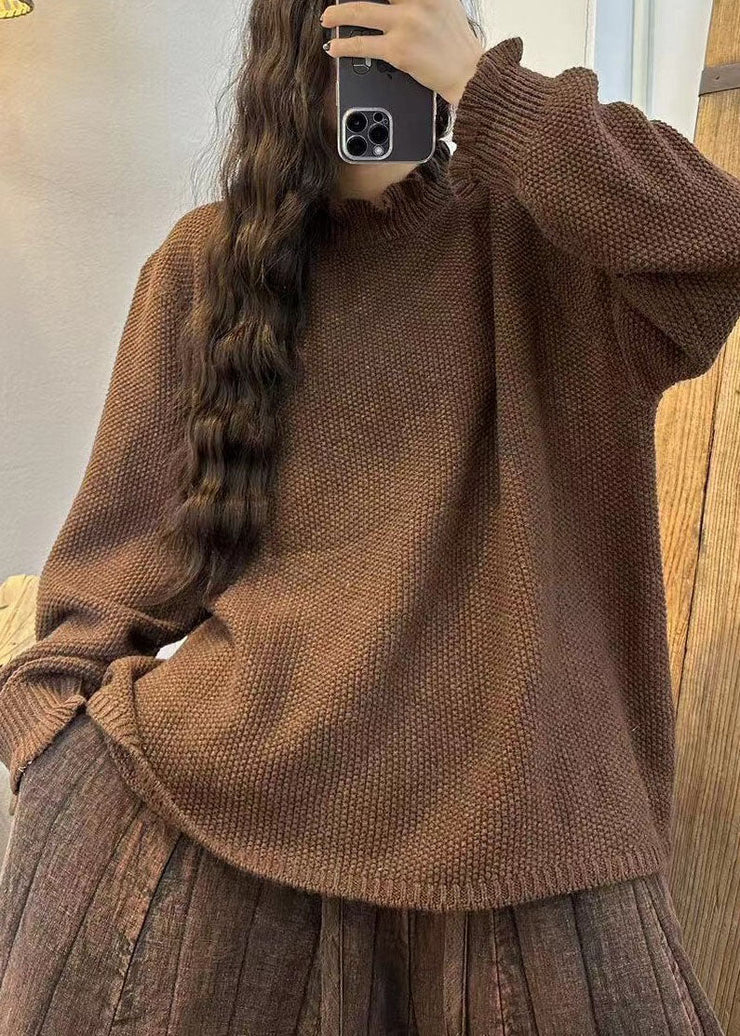 Plus Size Chocolate Ruffled Oversized Thick Knit Sweater Winter