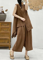 Plus Size Coffee Stand Collar Asymmetrical Patchwork Linen Waistcoat And Crop Pants Two Pieces Set Summer