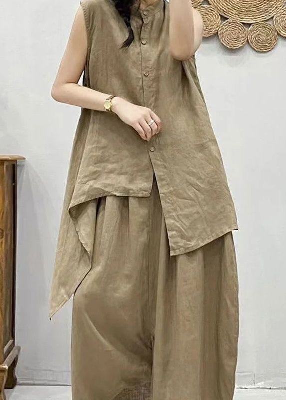 Plus Size Coffee Stand Collar Asymmetrical Patchwork Linen Waistcoat And Crop Pants Two Pieces Set Summer