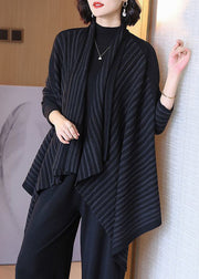 Plus Size Coffee Striped Asymmetrical Cotton Knit Cardigan Spring