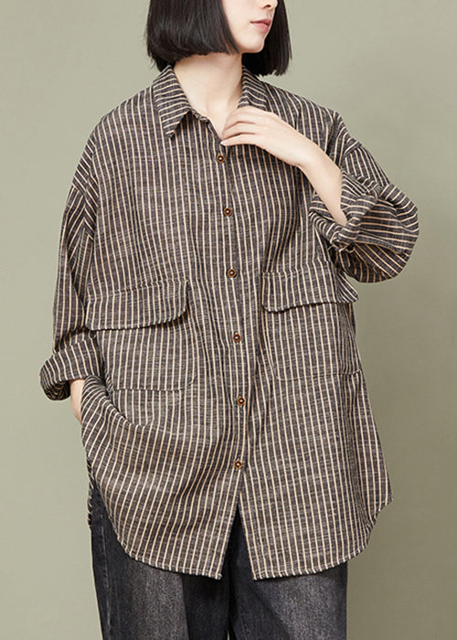 Plus Size Coffee Striped Button Cotton Blouse Tops Fall