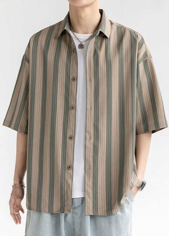 Plus Size Coffee Striped Button Cotton Men Shirt Short Sleeve