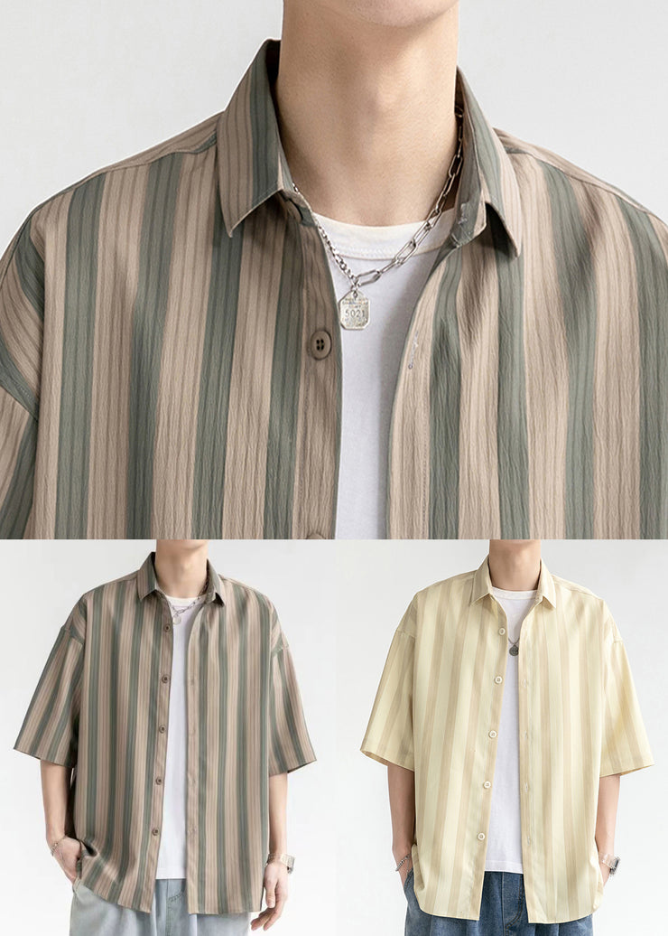 Plus Size Coffee Striped Button Cotton Men Shirt Short Sleeve