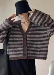 Plus Size Coffee Striped Button Knit Knit Cardigans Coats Fall