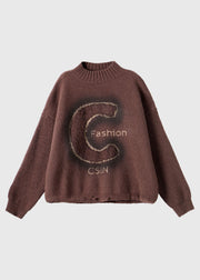 Plus Size Coffee Turtleneck Alphabet Print Thick Cotton Knit Sweaters Long Sleeve