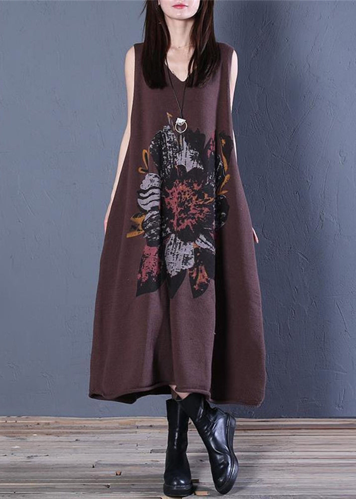 Plus Size Coffee V Neck Print Cotton Knit Long Dress Sleeveless