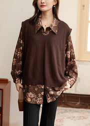 Plus Size Coffen Print Knit Waistcoat And Shirts Two Pieces Set Fall