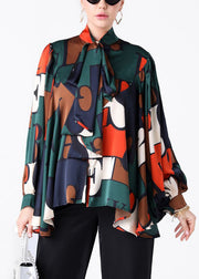 Plus Size Colorblock Bow Print Patchwork Silk Shirt Spring