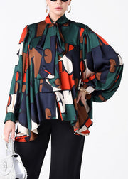 Plus Size Colorblock Bow Print Patchwork Silk Shirt Spring