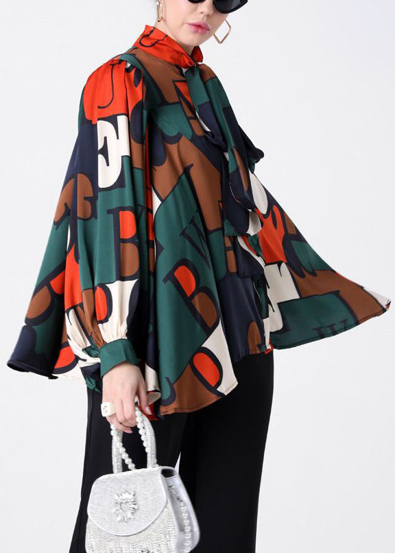 Plus Size Colorblock Bow Print Patchwork Silk Shirt Spring