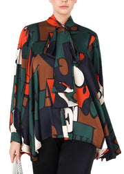 Plus Size Colorblock Bow Print Patchwork Silk Shirt Spring